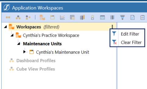 Blue highlight box on the clear and edit filter option located to the right of Workspaces. 